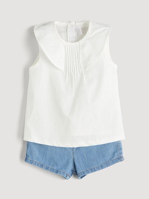 Lc Waikiki Yeni Sezon Fırfırlı Yaka Kız Bebek Bluz ve Jean Şort 2'li