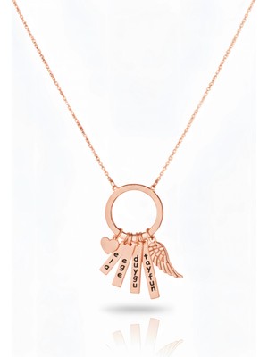 Mavili Gümüş Çember Halkalı Gümüş Aile Kolyesi Melek Kalp - Rose