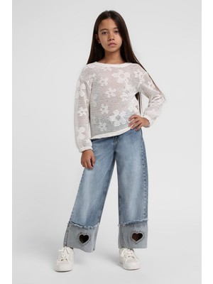 Miniğimin Cicileri File Taşlı Kalp Detaylı Kot Pantolonlu 2 Li Takım - Krem