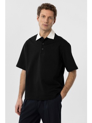 Antioch Siyah Kontrast Yaka Interlok Dokulu Erkek T-Shirt