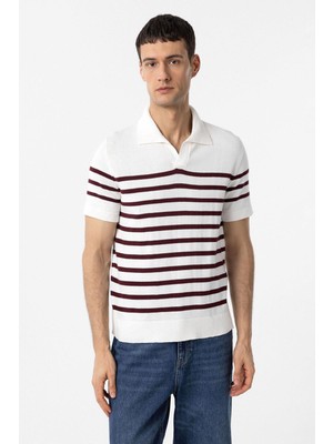 Antioch Bordo-Ekru Polo Yaka Çizgili Erkek Triko T-Shirt