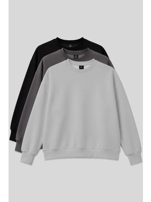 Basic Oversıze O Yaka 3lü Paket Siyah-Koyu Gri- Taş Kadın Sweatshirt - 97053