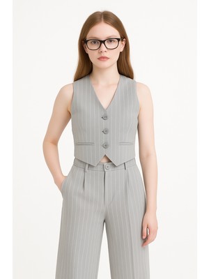 Mini Kanka Kız Çocuk Çizgili Yelek Pantolon Takım | Şık Kumaş 2’li Çocuk Takımı