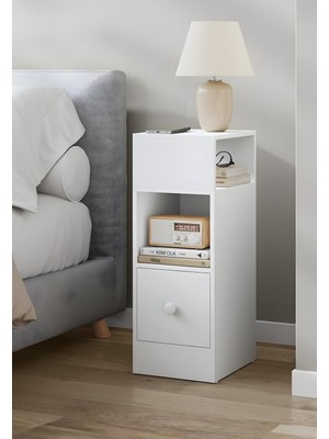 Mobilya Pratik Mia Dar Komodin – Çekmeceli, Değiştirilebilir Açık Bölmeli Komodin, Yan Sehpa