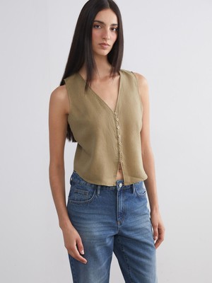 Lc Waikiki Yeni Sezon V Yaka %100 Keten Kadın Klasik Yelek