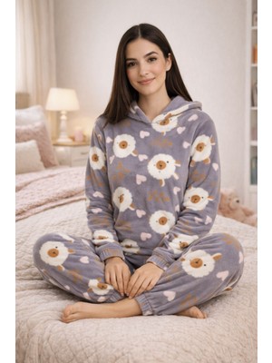 Burcumay Kadın Desenli Kapüşonlu Gri Polar Pijama Takımı