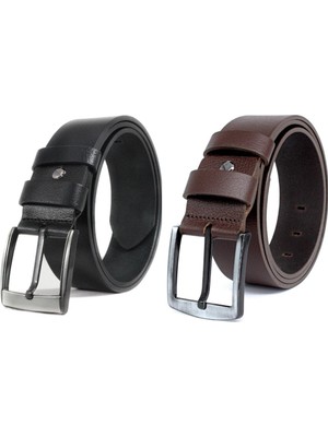 Derikem 2'li Erkek %100 Hakiki Manda Derisi Siyah Tokalı Erkek Kot Kemeri 4,5 cm Siyah-Kahverengi