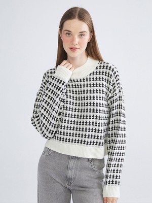 Lc Waikiki Yeni Sezon Dik Yaka Desenli Crop Kadın Triko Kazak