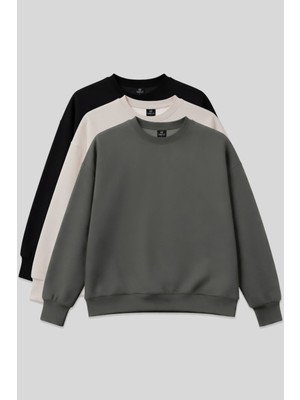 Basic Oversıze O Yaka 3lü Paket Siyah-Haki- Bej Kadın Sweatshirt - 97053