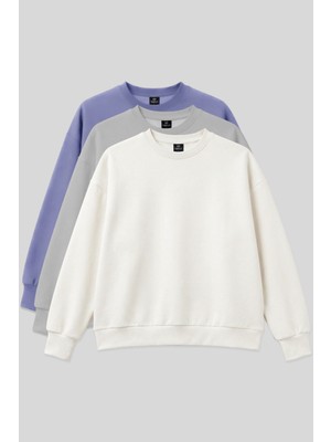 Basic Oversıze O Yaka 3lü Paket Ekru-Taş- Açık Eflatun Kadın Sweatshirt - 97053