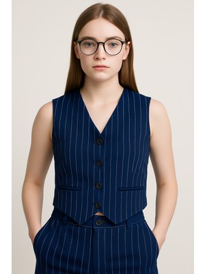 Mini Kanka Kız Çocuk Çizgili Yelek Pantolon Takım | Şık Kumaş 2’li Çocuk Takımı