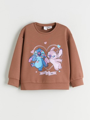 Lc Waikiki Yeni Sezon Bisiklet Yaka Stitch ve Angel Baskılı Kız Çocuk Sweatshirt
