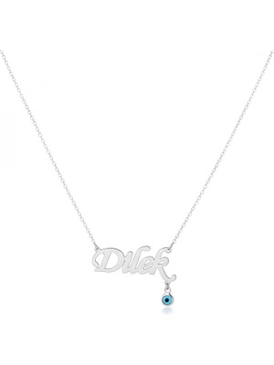 Mavili Gümüş Nazarlıklı Isim Kolye - Gümüş