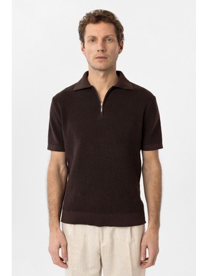Antioch Kahve Fermuarlı Dokuma Erkek Polo Yaka Triko T-Shirt