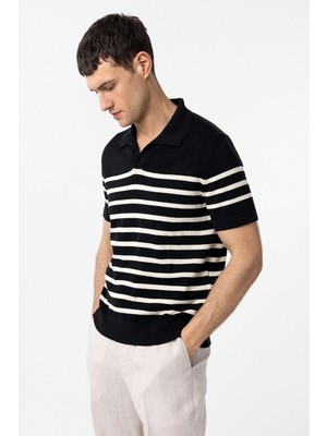 Antioch Siyah/ekru Polo Yaka Çizgili Erkek Triko T-Shirt