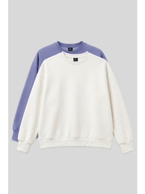 Basic Oversıze O Yaka 2li Paket Ekru-Açık Eflatun Kadın Sweatshirt - 97053