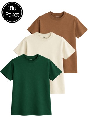 Rich Kadın 3'lü Paket Yeşil-Bej-Kahve %100 Pamuk Oversize Basic Tişört Bisiklet Yaka Relaxed T-Shirt