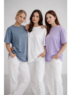 Rich Kadın 3'lü Paket Antrasit-Beyaz-Lila %100 Pamuk Oversize Basic Tişört Bisiklet Yaka Relaxed T-Shirt