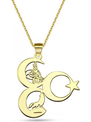 Mavili Gümüş 3 Hilal Tuğra Kurt Ayyıldız Kolye - Altın