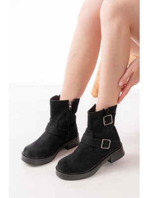 Zerenyus ZRİN-02-2014 Premium Siyah Süet Toka Aksesuarlı Günlük Kadın Bot