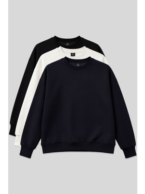 Basic Oversıze O Yaka 3lü Paket Siyah-Lacivert- Ekru Kadın Sweatshirt - 97053