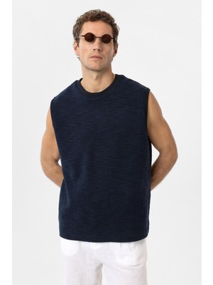 Antioch Lacivert Regular Fit Dokulu Erkek Kolsuz T-Shirt