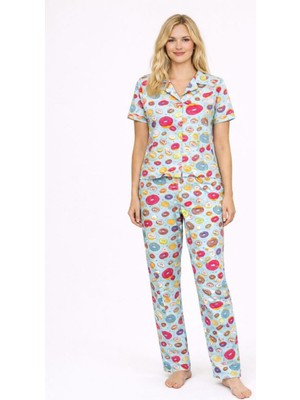 Burcumay Kadın Çok Renkli Donut Desenli Kısa Kollu Yazlık Pijama Takımı