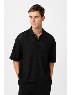 Antioch Siyah Polo Yaka Dokulu Relaxed Erkek T-Shirt