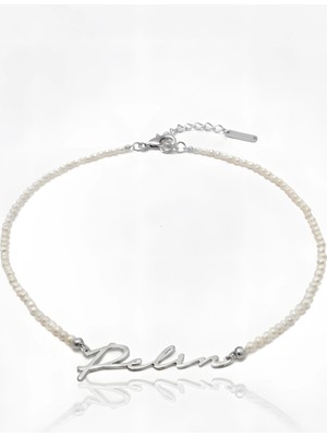 Mavili Gümüş Yeni Trend Yatay Incili Isim Kolye - Gümüş