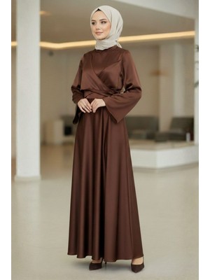 Tesettür Diyarı Midas Çapraz Bağlamalı Ispanyol Kol Saten Tesettür Abiye- Kahverengi