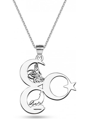 Mavili Gümüş 3 Hilal Tuğra Kurt Ayyıldız Kolye - Gümüş