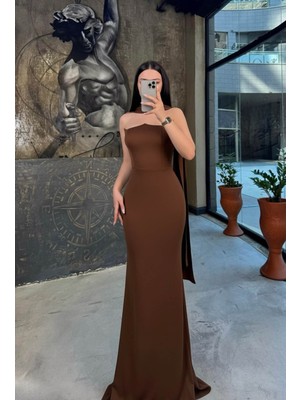 Prima Balık Kesim Şal Aksesuarlı Uzun Boy Abiye Elbise Kahve