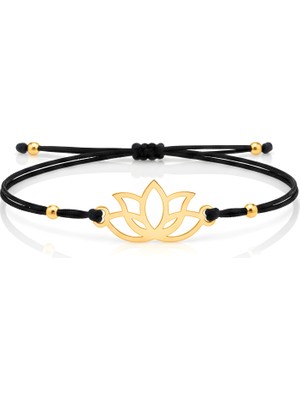 Mavili Gümüş Lotus Çiçeği Ipli Gümüş Bileklik - Altın