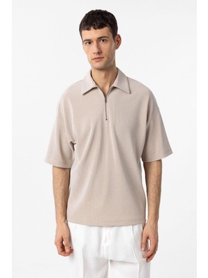 Antioch Bej Relax Fit Fermuarlı Polo Yaka Erkek T-Shirt