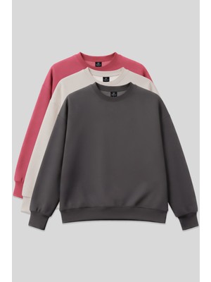 Basic Oversıze O Yaka 3lü Paket Koyu Gri-Bej- Yaban Gülü Kadın Sweatshirt - 97053