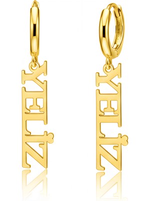 Mavili Gümüş Sallantılı Isim Gümüş Küpe - Altın