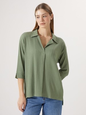 Lc Waikiki Yeni Sezon Gömlek Yaka Dokulu Oversize Kadın Bluz