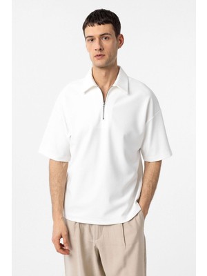 Antioch Ekru Relax Fit Fermuarlı Polo Yaka Erkek T-Shirt
