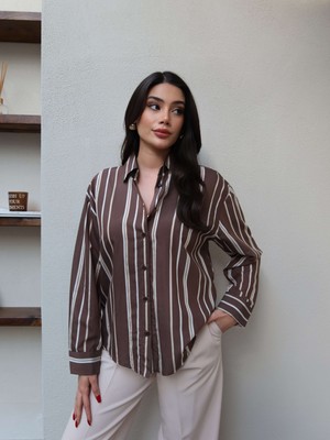 Esra Helvacı Kahve Kalın Çizgili Oversize Gömlek