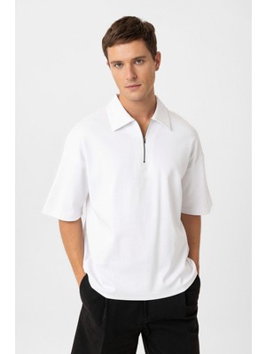 Antioch Beyaz Oversize Polo Yaka Fermuarlı Erkek T-Shirt