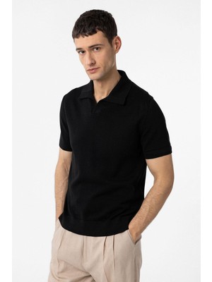 Antioch Siyah 100% Pamuk Apaş Yaka Triko T-Shirt