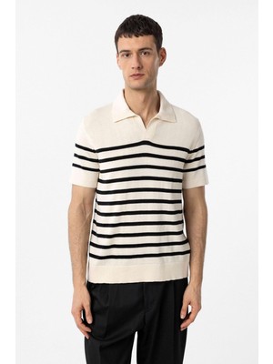 Antioch Ekru-Siyah Polo Yaka Çizgili Erkek Triko T-Shirt