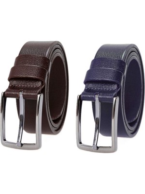 Derikem 2'li 3,5 cm Klasik Erkek Kemeri %100 Hakiki Klasik Erkek Deri Tek Kat Kahverengi-Lacivert