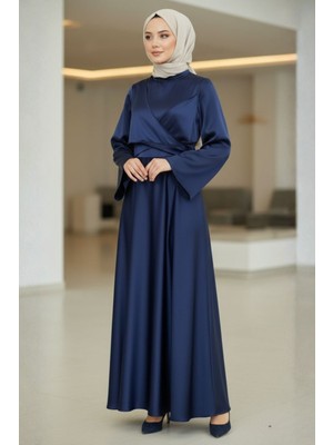 Tesettür Diyarı Midas Çapraz Bağlamalı Ispanyol Kol Saten Tesettür Abiye- Lacivert