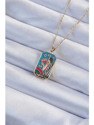 LTG Nova 316L Çelik Zincir Altın Renk Taç ve Kız Figürlü Renkli Mineli Tarot Kolye