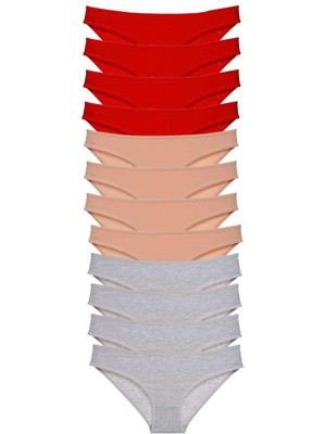 Marsilyan 12 Adet Eko Set Likralı Kadın Slip Külot Kırmızı Ten Gri