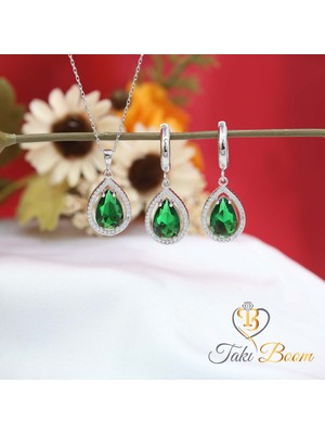 TB Takı Boom Zümrüt Yeşili Damla Kolye ve Küpe Seti, 925 Ayar Gümüş, Zarif Takı, Kadınlar Için Harika Bir Hediye