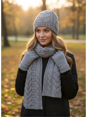Derikem Kadın Kışlık Lüks Örgü Bere, Atkı ve Eldiven Takımı