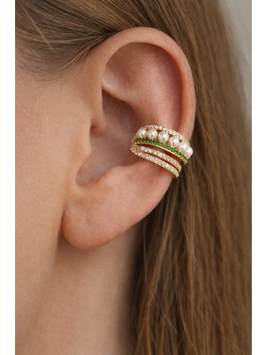 Sacce Scarves & Accessories Incili & Yeşil Zirkon Taşlı 14K Gold Rodyum Kaplama Çelik Earcuff – Deliksiz Kıkırdak Küpesi