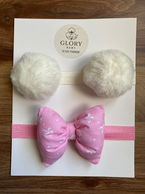 Glory Baby Kız Bebek Fiyonklu & Ponponlu Bandana - Saç Bandı 2'li Set (Handmade)